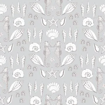 Vector pastel seashells seahorses texture background seamless pattern print Stock Illustration