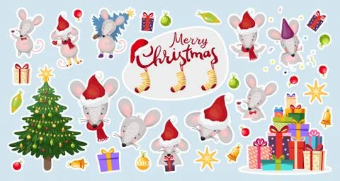 Vector patch badges with Christmas mice and New Year decorations. Stickers 스톡 일러스트