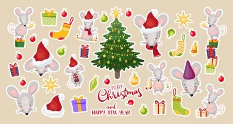 Vector patch badges with Christmas mice and New Year decorations. Stickers 스톡 일러스트