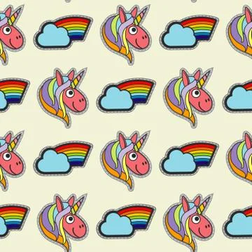 Vector patch unicorns and rainbows seamless pattern Stock Illustration
