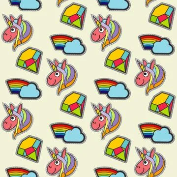 Vector patch unicorns and rainbows seamless pattern Stock Illustration