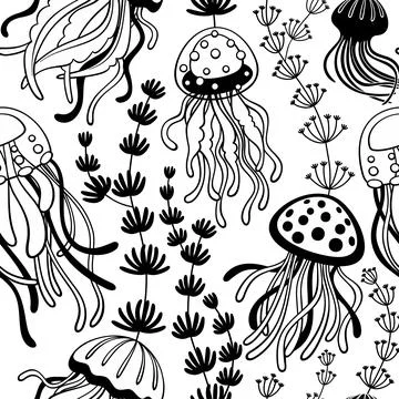 Vector patter jellyfish and algae-1 Stock Illustration
