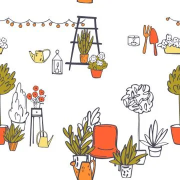 Vector pattern with armchair and potted flowers.  Stock Illustration