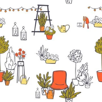 Vector  pattern with armchair and potted flowers.  Stock Illustration