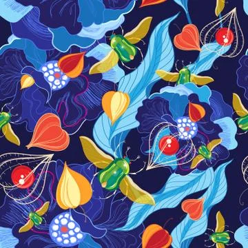 Vector pattern of beetles and herbs Stock Illustration