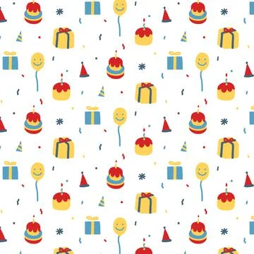 Vector pattern with birthday cake, gift, balloon, hat on white background. 스톡 일러스트