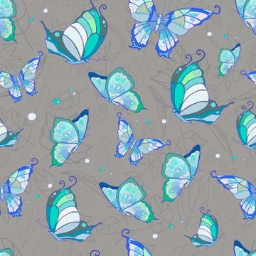Vector pattern of blue butterflies on a gray background Stock Illustration
