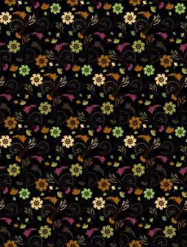 Vector pattern of brown, purple, beige, green elements resembling flowers and Illustrazione stock