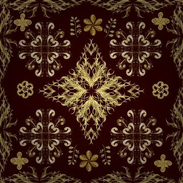 Vector pattern on brown, yellow and neutral colors with golden elements. Damask Stock Illustration