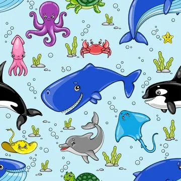 Vector pattern cartoon marine animals Stock Illustration