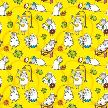 Vector pattern with cartoon sheep Vector pattern with cartoon sheep on yel... 스톡 사진