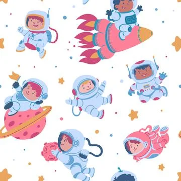 Vector pattern with child astronauts exploring space with planets, satellites イラスト素材