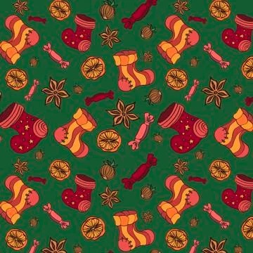 Vector pattern Christmas background with sweets and socks Stock Illustration