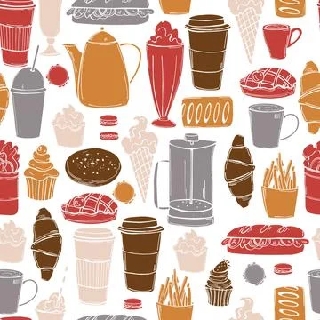 Vector pattern  with  coffee shop food. Stock Illustration