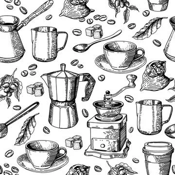 Vector pattern with coffee, sketch drawing, black and white. for coffee shops Stock Illustration