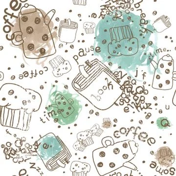 Vector Pattern with Coffee Stuff and Watercolor Scribbles Spots Stock Illustration