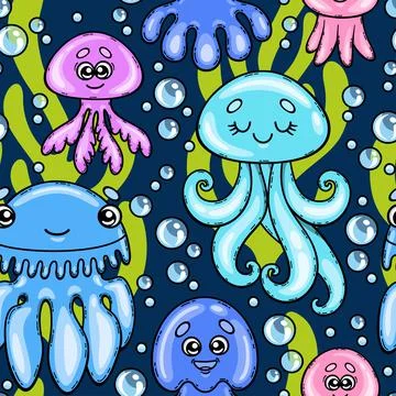 Vector pattern colored cartoon jellyfish Stock Illustration
