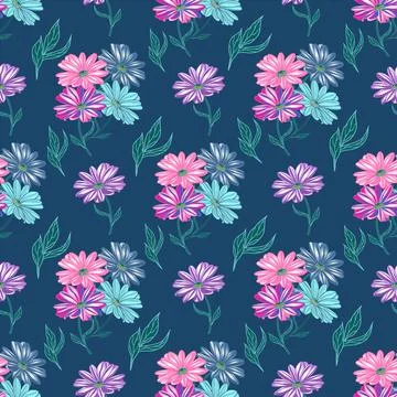 Vector pattern with colorful daisies on a blue background Stock Illustration