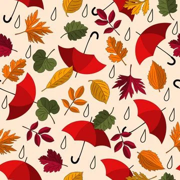 Vector Pattern with colorful umbrellas, leaves, rain drop Stock Illustration