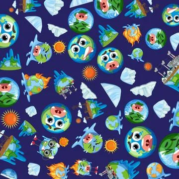Vector pattern of crying Earth planets, melting icebergs, and industrial fact イラスト素材