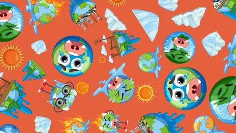 Vector pattern of crying planet Earth icons with melting icebergs and industr Stock Illustration