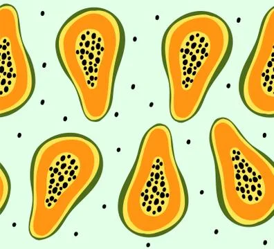 Vector pattern with cut parts of papaya. Stock Illustration