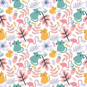 Vector pattern with cute animals and leaf Stock Illustration