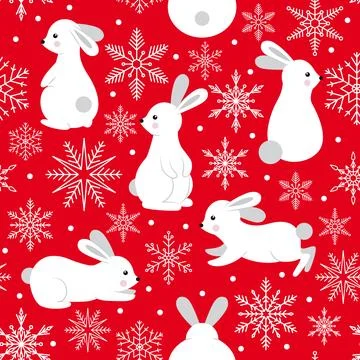 Vector pattern with cute bunnies and snowflakes 스톡 일러스트