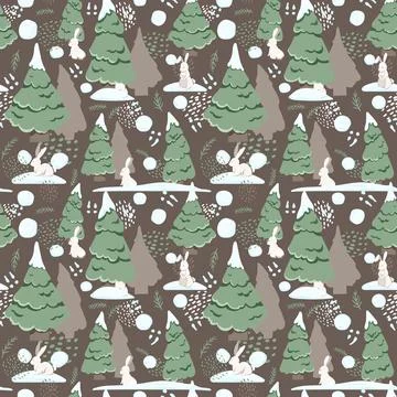 Vector pattern with cute fur-trees rabbits in the snow. Cute illustration for Illustrazione stock