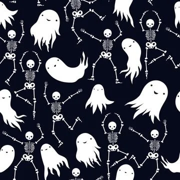 Vector pattern with cute ghosts and dancing skeletons Illustrazione stock