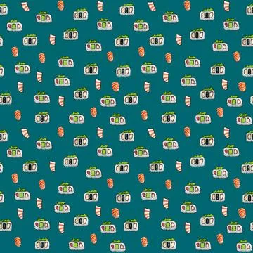 Vector pattern with cute Japanese sushi, shrimp and salmon in cartoon style. Stock Illustration