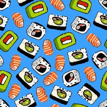 Vector pattern with cute Japanese sushi, shrimp and salmon in cartoon style. Stock Illustration