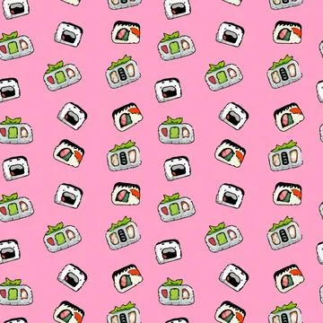 Vector pattern with cute Japanese sushi, shrimp and salmon in cartoon style. Stock Illustration