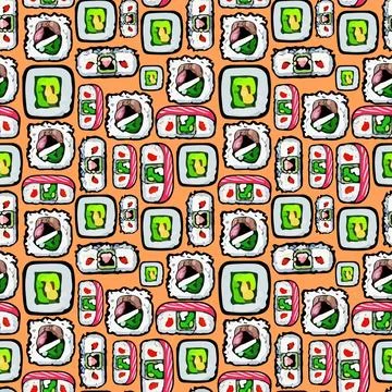 Vector Pattern with cute Japanese sushi in cartoon style. Stock Illustration