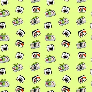 Vector Pattern with cute Japanese sushi in cartoon style. Stock Illustration
