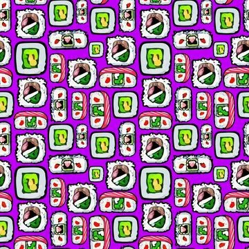 Vector pattern with cute Japanese sushi, shrimp and salmon in cartoon style. Stock Illustration