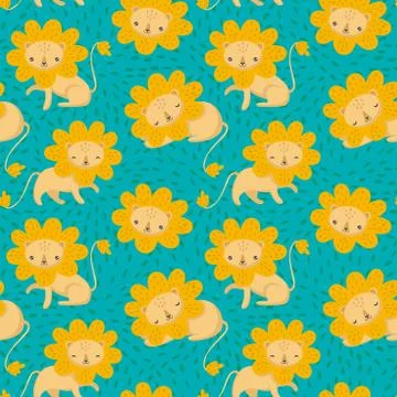 Vector pattern cute kawaii cartoon funny lion. Stock Illustration