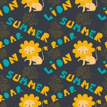 Vector pattern cute kawaii cartoon funny lion. Stock Illustration