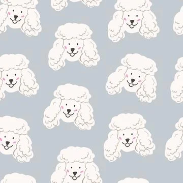 Vector pattern with cute poodle faces on pastel blue. Cute dog pattern. White Stock Illustration