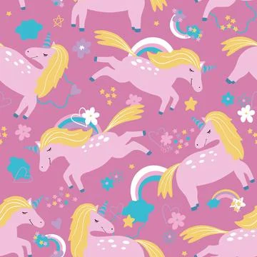 Vector pattern with cute unicorns, clouds,rainbow and stars. Magic background Illustrazione stock