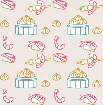 Vector pattern design template asian food - noodles, dim sum, soup, sushi Stock Illustration