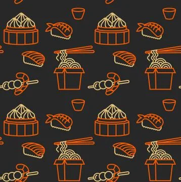 Vector pattern design template asian food - noodles, dim sum, soup, sushi Stock Illustration