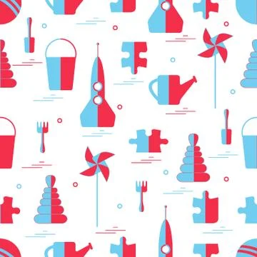 Vector pattern of different kids toys objects: rocket, puzzle, bucket, scoop, Stock Illustration