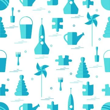 Vector pattern of different kids toys objects: rocket, puzzle, bucket, scoop, イラスト素材