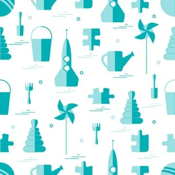 Vector pattern of different kids toys objects: rocket, puzzle, bucket, scoop, Stock Illustration