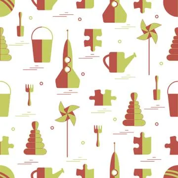 Vector pattern of different kids toys objects: rocket, puzzle, bucket, scoop, Illustrazione stock