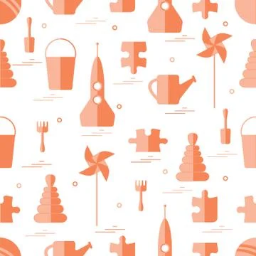 Vector pattern of different kids toys objects: rocket, puzzle, bucket, scoop, Illustrazione stock