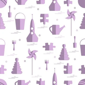 Vector pattern of different kids toys objects: rocket, puzzle, bucket, scoop, Stock Illustration