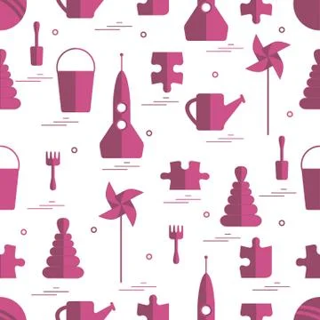Vector pattern of different kids toys objects: rocket, puzzle, bucket, scoop, Stock Illustration