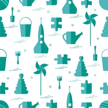 Vector pattern of different kids toys objects: rocket, puzzle, bucket, scoop, Stock Illustration